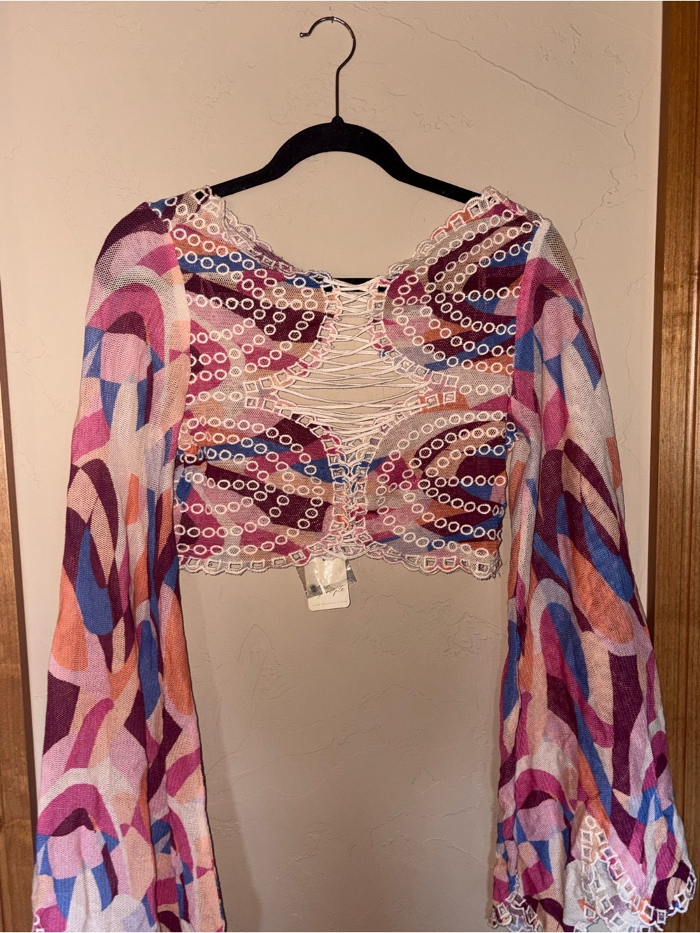 Free People NWT Lace Up Bell Sleeve Crochet Crop Top M